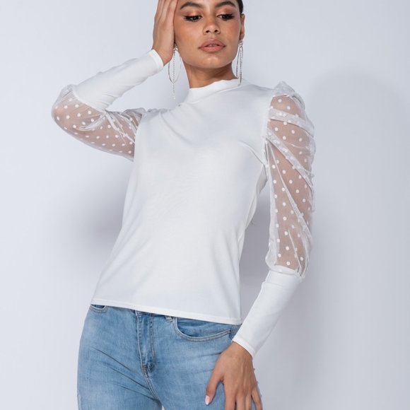 Cassie Blush Pink Polka Dot Mesh Sleeve Blouse Top - Picture 8 of 11